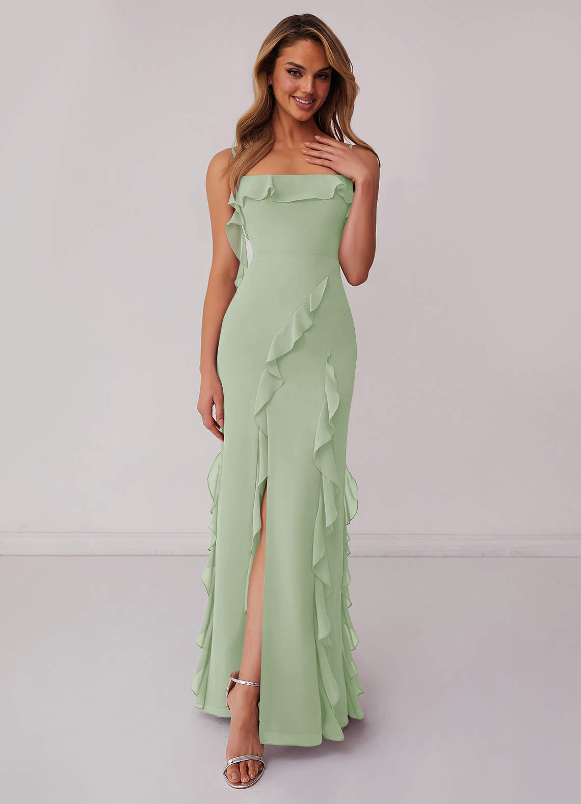 Chiffon Ruffle Column Dress with Leg Slit-AZ6643290-final sale