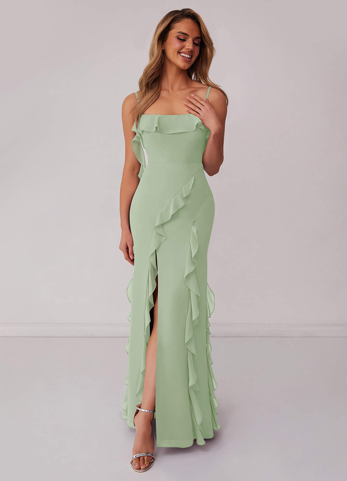 Chiffon Ruffle Column Dress with Leg Slit-AZ6643290-final sale