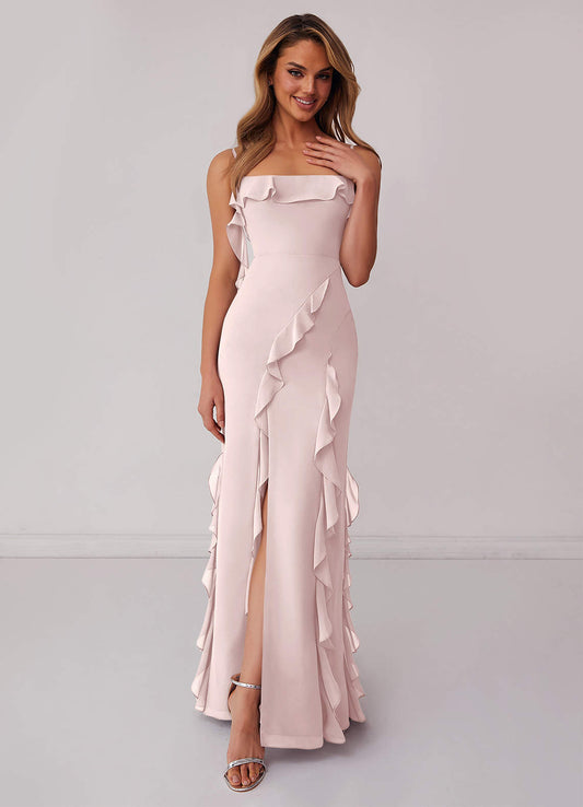 Chiffon Ruffle Column Dress with Leg Slit-AZ6592153-final sale