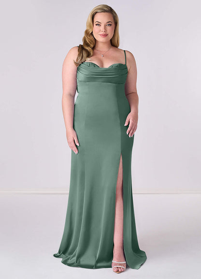Pleated Lace Up Mermaid Stretch Satin Dress-AZ6645793-final sale