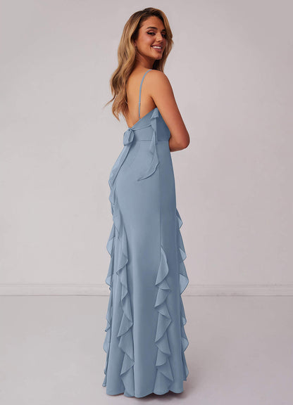 Chiffon Ruffle Column Dress with Leg Slit-AZ6753132-final sale