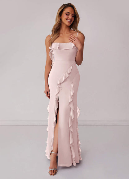 Chiffon Ruffle Column Dress with Leg Slit-AZ6592153-final sale