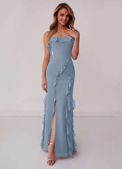 Chiffon Ruffle Column Dress with Leg Slit-AZ6753132-final sale