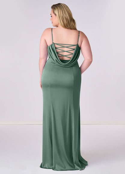 Pleated Lace Up Mermaid Stretch Satin Dress-AZ6645793-final sale