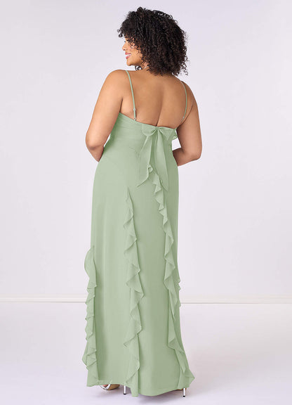 Chiffon Ruffle Column Dress with Leg Slit-AZ6597760-final sale