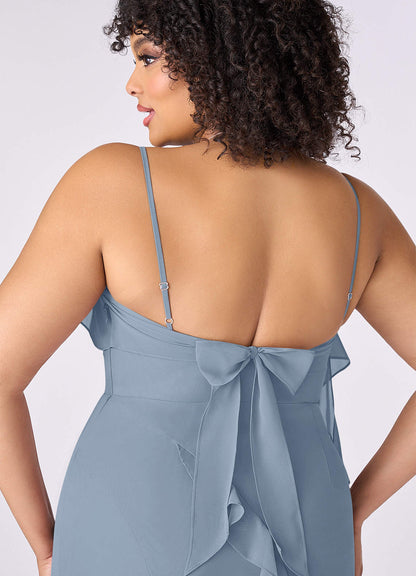 Chiffon Ruffle Column Dress with Leg Slit-AZ6753132-final sale