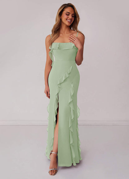Chiffon Ruffle Column Dress with Leg Slit-AZ6643290-final sale