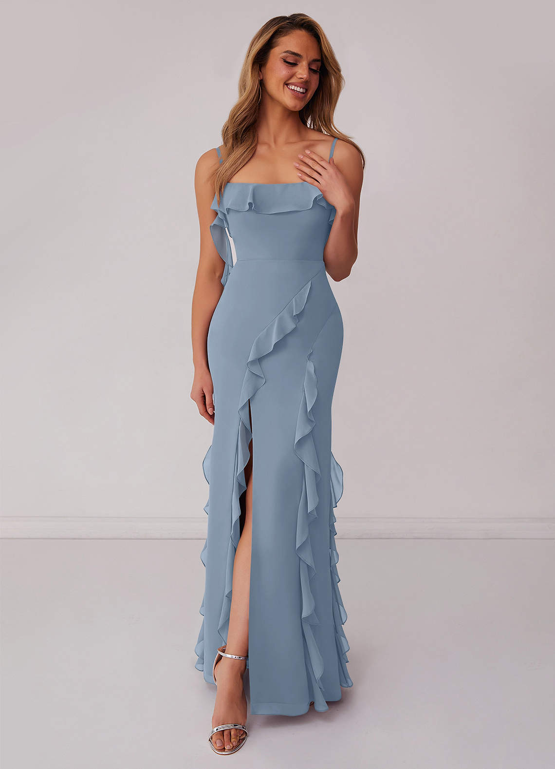 Chiffon Ruffle Column Dress with Leg Slit-AZ6753132-final sale