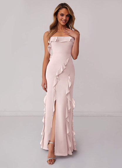 Chiffon Ruffle Column Dress with Leg Slit-AZ6592153-final sale