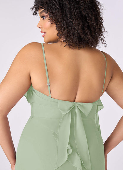 Chiffon Ruffle Column Dress with Leg Slit-AZ6643290-final sale