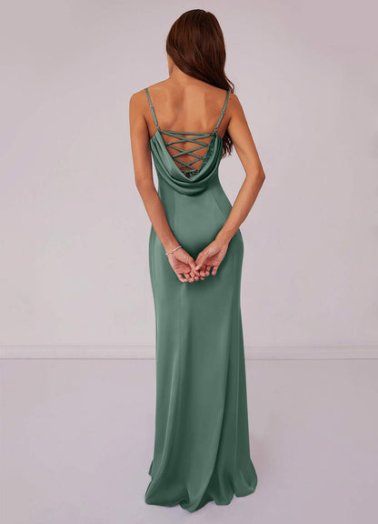 Pleated Lace Up Mermaid Stretch Satin Dress-AZ6645793-final sale